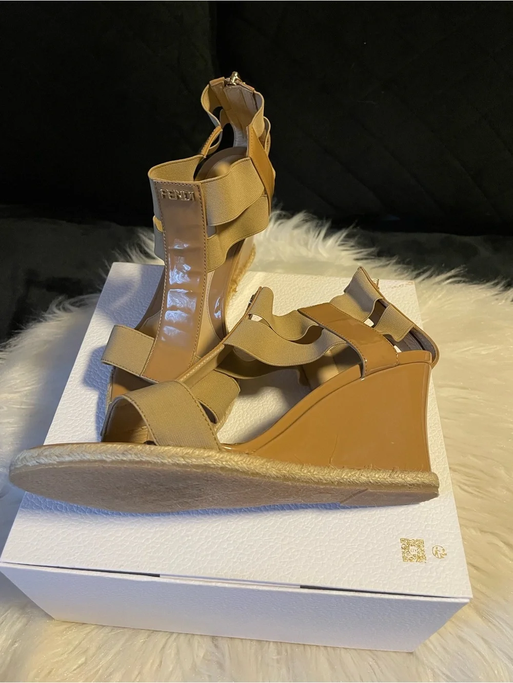 Fendi Beige Patent & Elastic Wedge Sandals Made in Italy 🇮🇹 Size 37.5